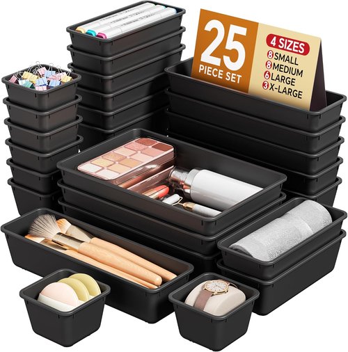 KEMETHY 25 PCS Plastic Drawer Organizers Set - Versatile Makeup & Desk Storage Trays | Black