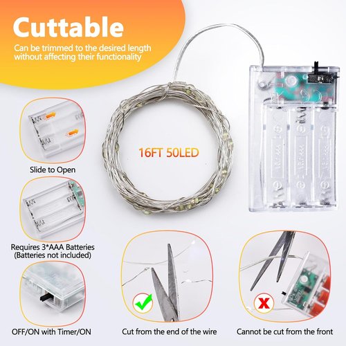 Joomer LED Fairy Lights - 50 LED Battery Operated Starry String Lights | 16FT Warm White, Timer Included