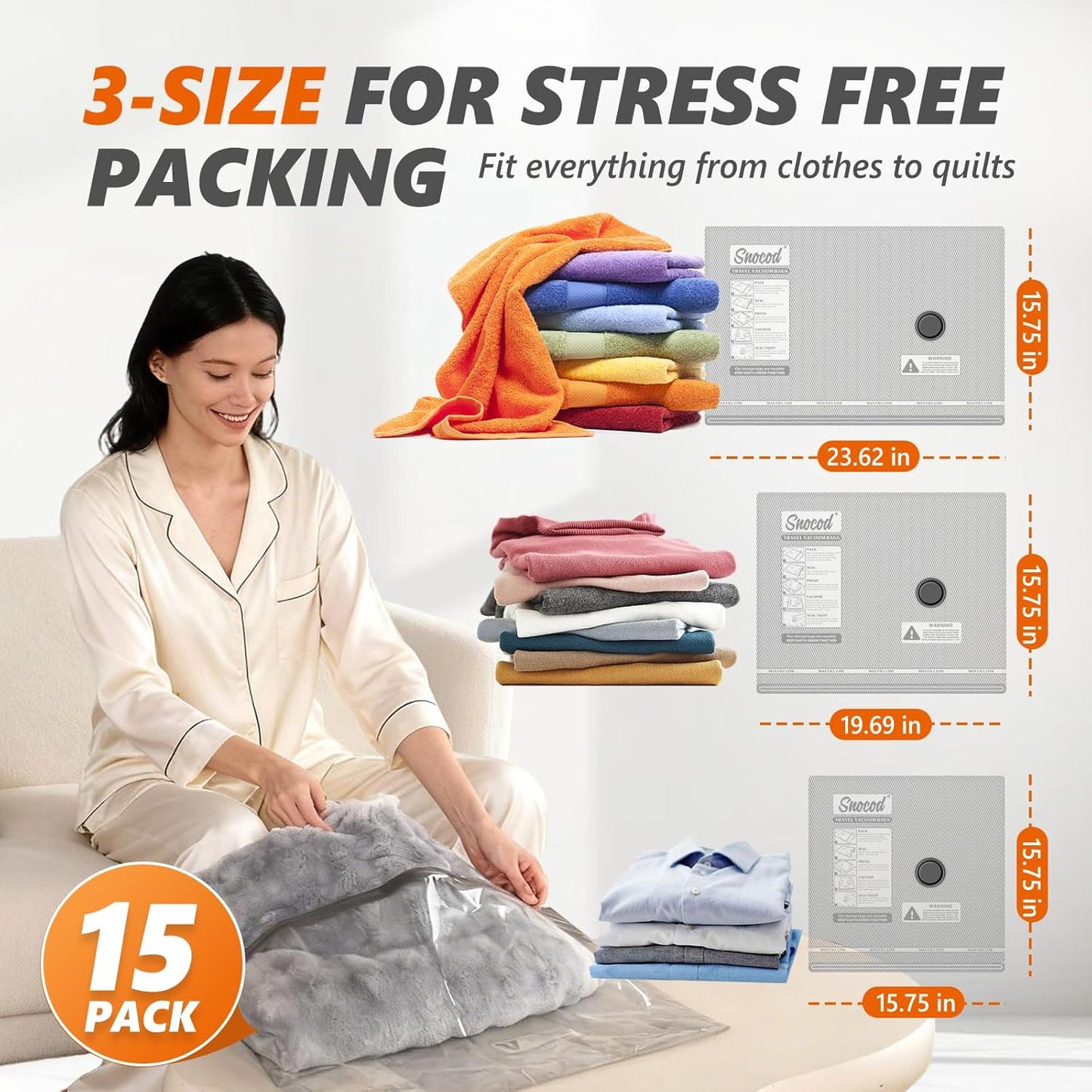 Skiennix Travel Vacuum Bags - 15 Pack with Wireless Pump for Maximum Compression | Ideal for Clothes & Blankets