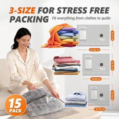 Skiennix Travel Vacuum Bags - 15 Pack with Wireless Pump for Maximum Compression | Ideal for Clothes & Blankets