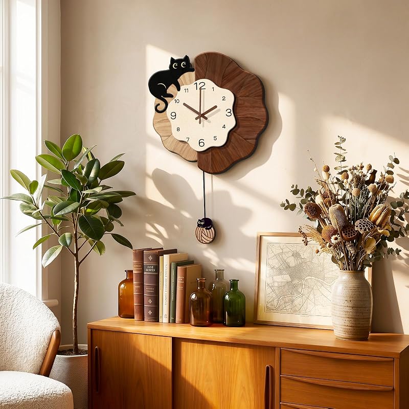 Vintage Farmhouse Cat Wall Clock with Pendulum 16x24in - Large Wall Clock for Bedroom, Silent Movement - Cat+Large