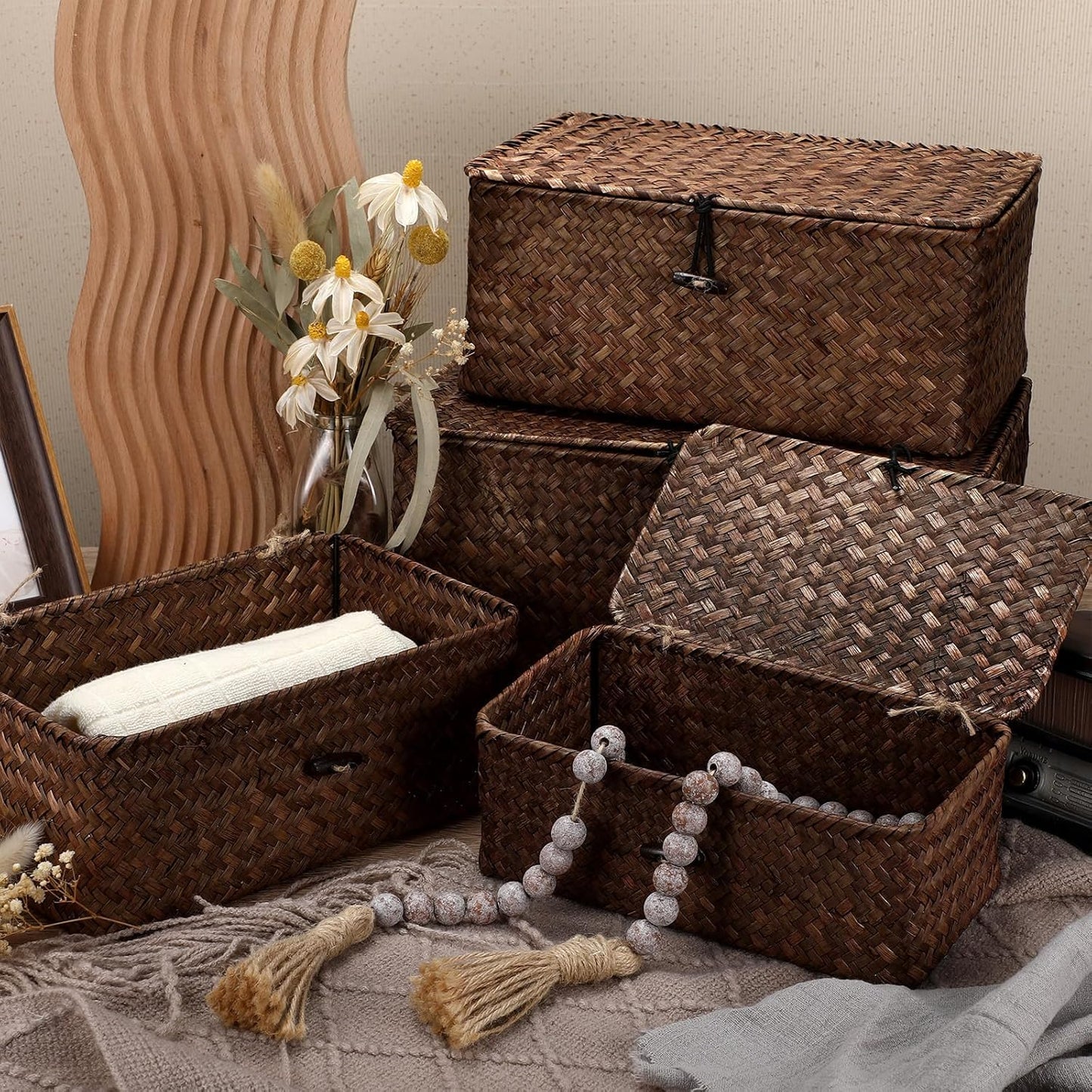 Woanger Wicker Storage Baskets Set of 4 - Handwoven Organizers with Lids for Home Office | Coffee Color