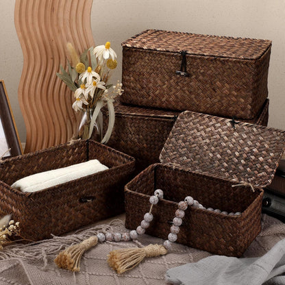 Woanger Wicker Storage Baskets Set of 4 - Handwoven Organizers with Lids for Home Office | Coffee Color
