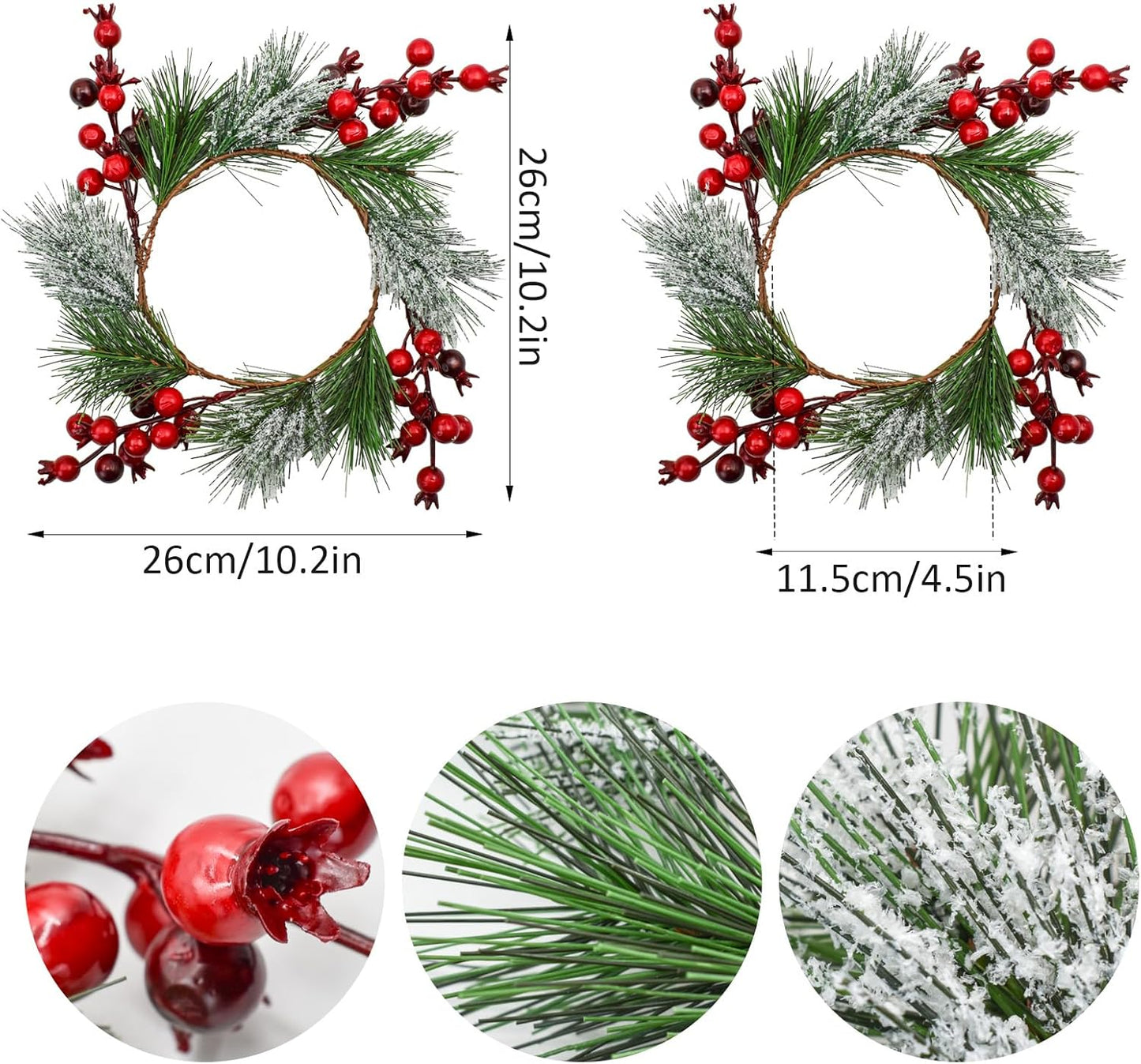 Skiennix Christmas Candle Rings - Snowy Pine Needle & Red Berry Mini Wreaths | 4PCS for Holiday Decor