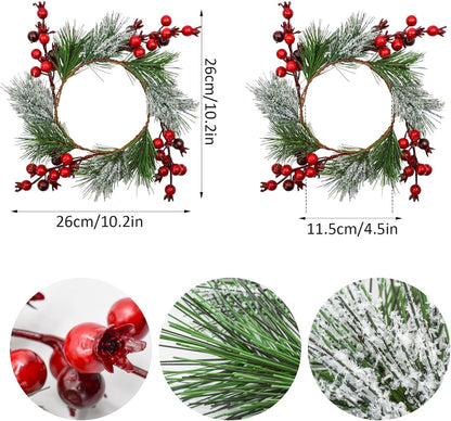 Skiennix Christmas Candle Rings - Snowy Pine Needle & Red Berry Mini Wreaths | 4PCS for Holiday Decor