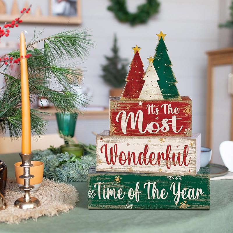 Moucuny 4 Pcs Christmas Tree Table Decorations - Wooden Blocks Signs, Tree Variation