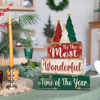 Moucuny 4 Pcs Christmas Tree Table Decorations - Wooden Blocks Signs, Tree Variation