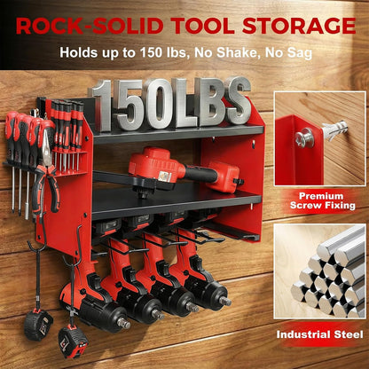 Power Tool Organizer - Heavy Duty Wall Mount with Charging Station & 4 Drill Holders | Red