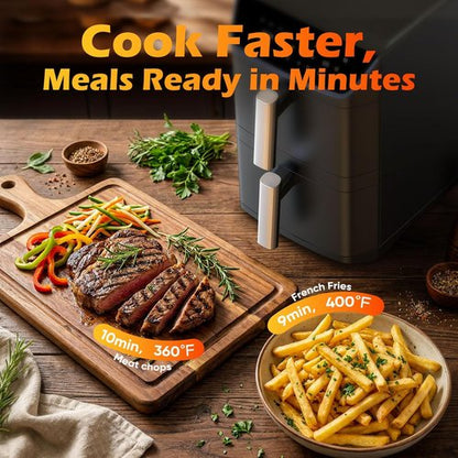 Dual Basket Air Fryer - 12.6QT Family Size for 10-12 People | XL Basket for 6LB Chicken, 10-in-1 Functions, Dishwasher Safe, Black