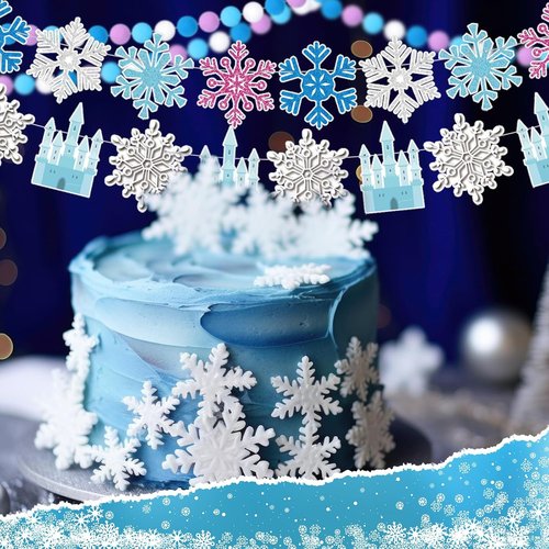 Fanfanwin Snowflake Birthday Banner Set - 5 Pcs Blue Snowflake Design with Felt Castle Decorations