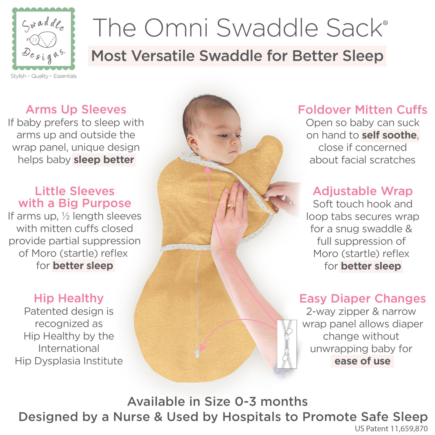 SwaddleDesigns 6-Way Omni Swaddle Sack, Arms Up Swaddle for Newborn, More Options to Calm Startle Reflex, Improves Sleep, Easy Transition Baby Sleep Sack, Small, 0-3 Mo, 6-14 lbs, Gold, Swaddle Love