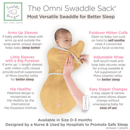 SwaddleDesigns 6-Way Omni Swaddle Sack, Arms Up Swaddle for Newborn, More Options to Calm Startle Reflex, Improves Sleep, Easy Transition Baby Sleep Sack, Small, 0-3 Mo, 6-14 lbs, Gold, Swaddle Love
