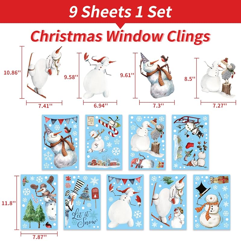 Christmas Window Clings Snowman & Snowflake Sheets – 9 PVC Static Decals 7.8 x 11.8 in