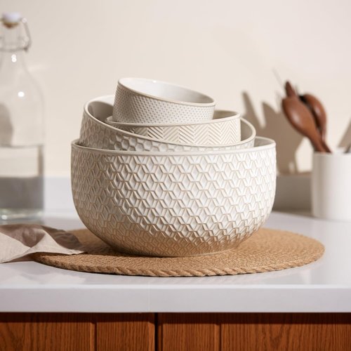 KooK Ceramic Mixing Bowls - Nesting Set of 4 | Embossed Kitchen Dishware, Microwave & Dishwasher Safe, Ivory