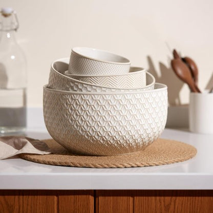 KooK Ceramic Mixing Bowls - Nesting Set of 4 | Embossed Kitchen Dishware, Microwave & Dishwasher Safe, Ivory