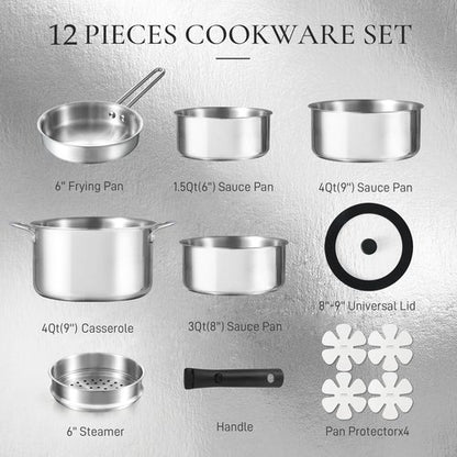 CAROTE 12pcs Pots and Pans Set, Stainless Steel Cookware Set Detachable Handle, Induction Kitchen Cookware Sets with Removable Handle, RV Cookware Set, Oven Safe, Camping Cookware, Pure Black