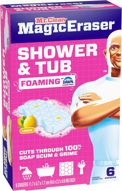 Mr. Clean Magic Eraser Sponge - Powerful Soap Scum Remover for Bathroom & Shower | 6 Count with Lemon Scent