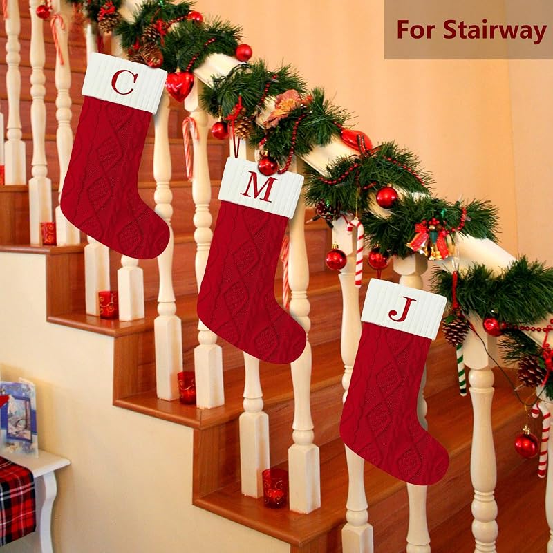 Personalized 20” Christmas Stocking with Initial A - Knitted Embroidered Monogram