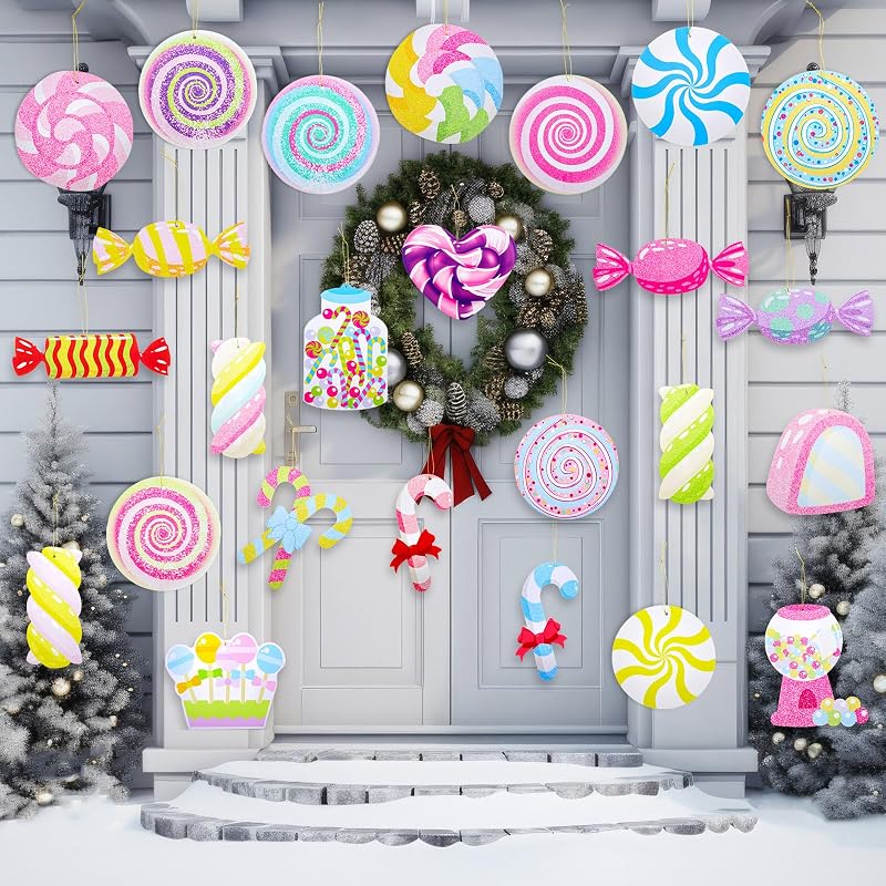Pastel Christmas Candy Cane Ornaments Set — 25 Double-Sided Corrugated Plastic Decorations