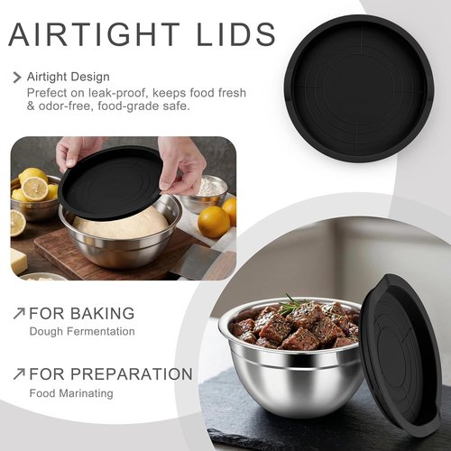 HaWare Mixing Bowls - 6-Piece Stainless Steel Set with Airtight Lids | Stackable Design, Black, 4.6QT, 3QT, 1.5QT