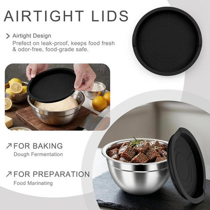 HaWare Mixing Bowls - 6-Piece Stainless Steel Set with Airtight Lids | Stackable Design, Black, 4.6QT, 3QT, 1.5QT