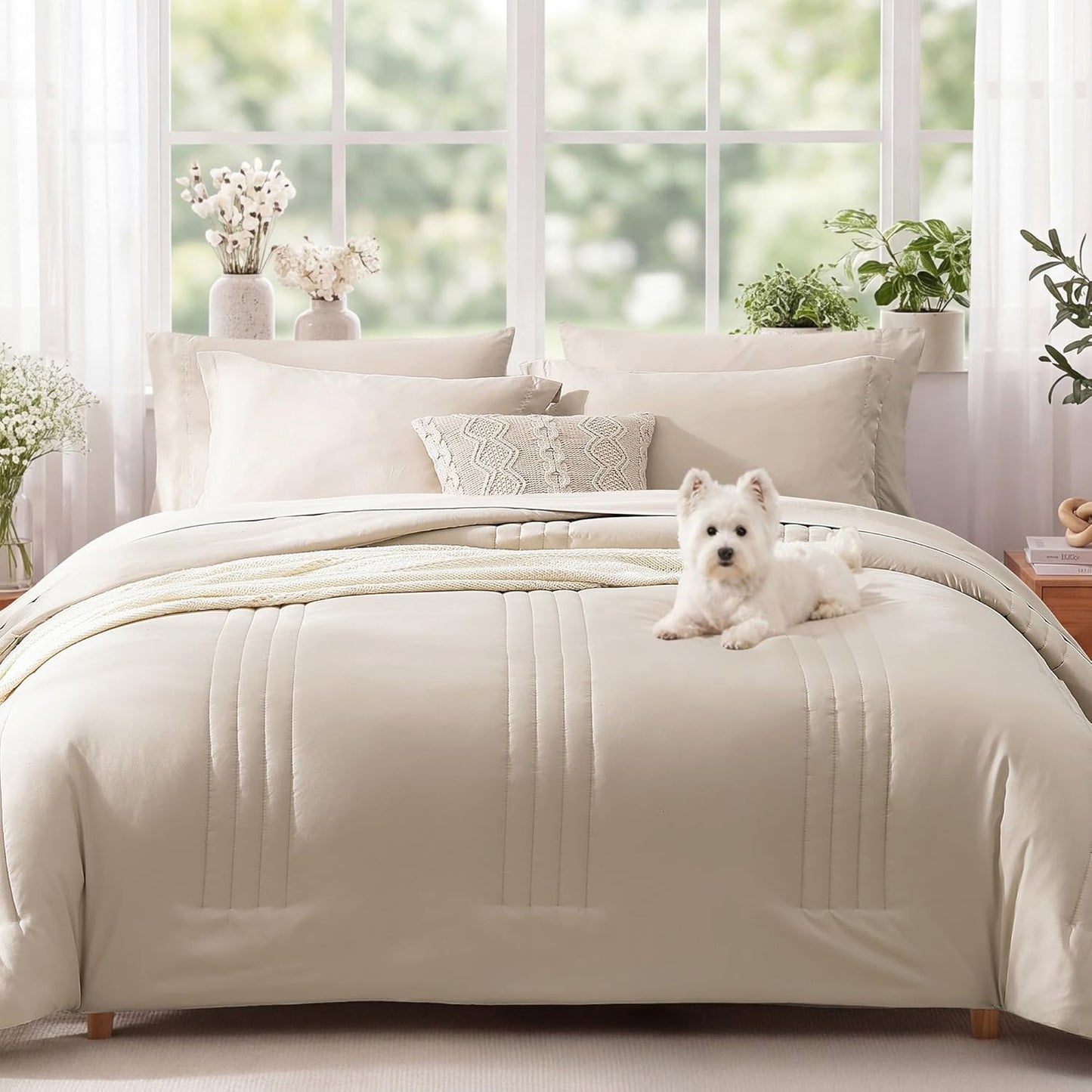 Monbix Queen Comforter Set - 7-Piece Beige Bedding Set | All-Season Comforter, Sheets & Pillowcases