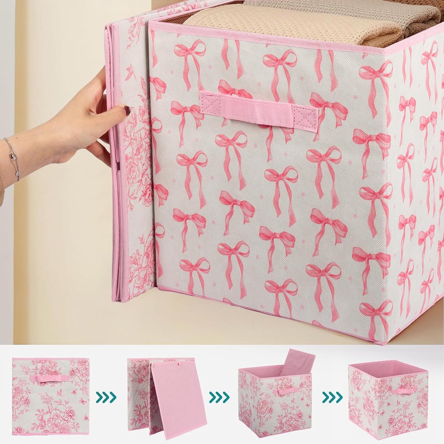 Skiennix Pink Floral Cube Storage Bins - 12.5 Inch Collapsible Organizer Baskets for Home & Office