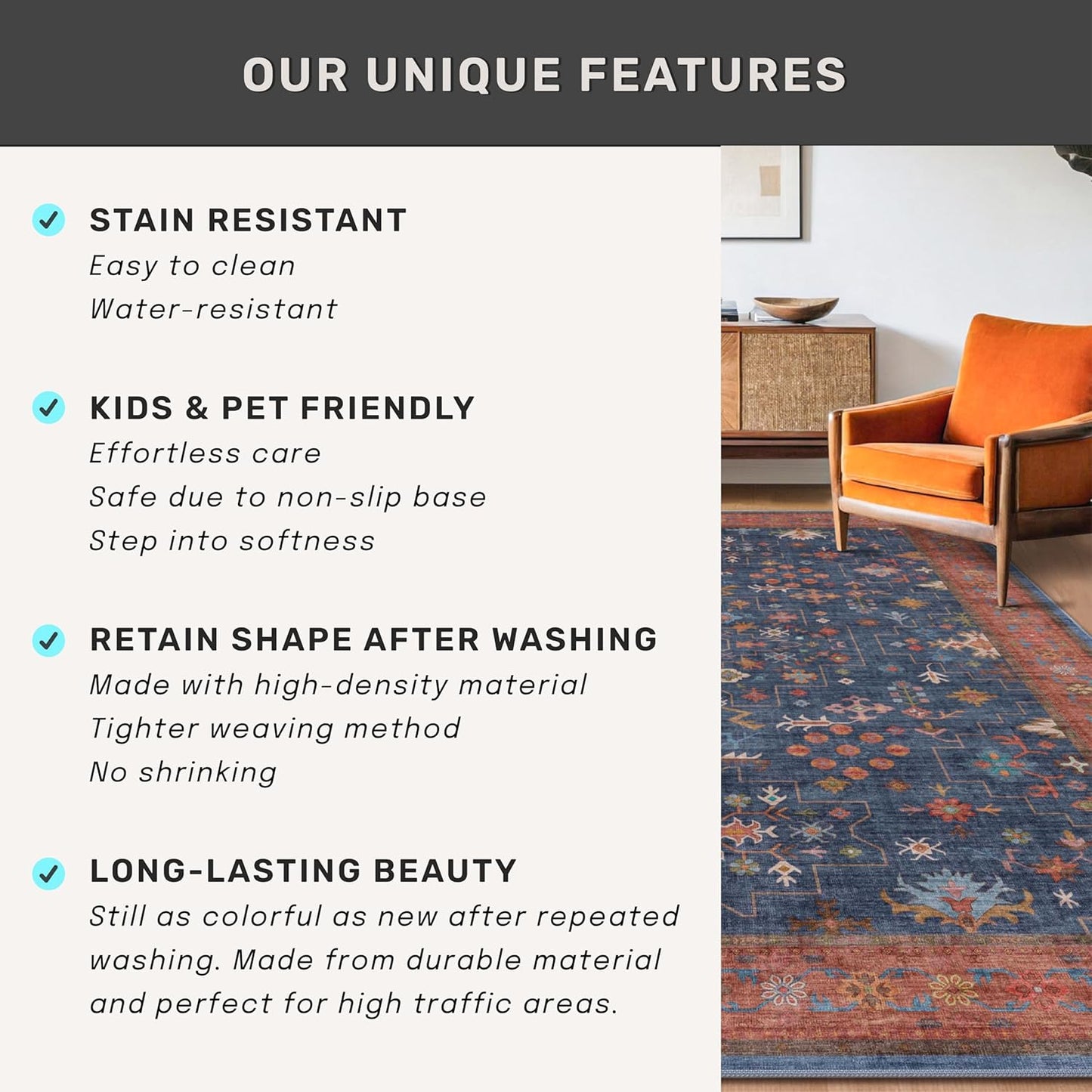 Skiennix Navy Blue Area Rug - Washable Low Pile Non-Slip Design | Vintage Boho 9x12 for Living Room & Dining Room
