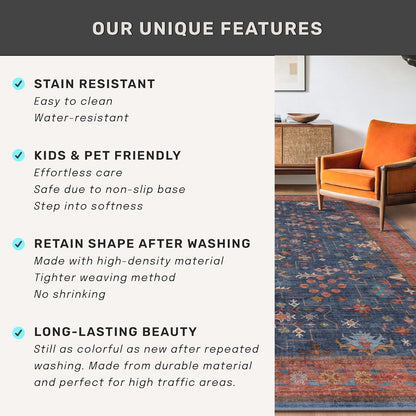Regine Switzerland Washable 4x6 Area Rug - Stain Resistant Non-Slip Design for Living Room & Kitchen (Navy Blue)