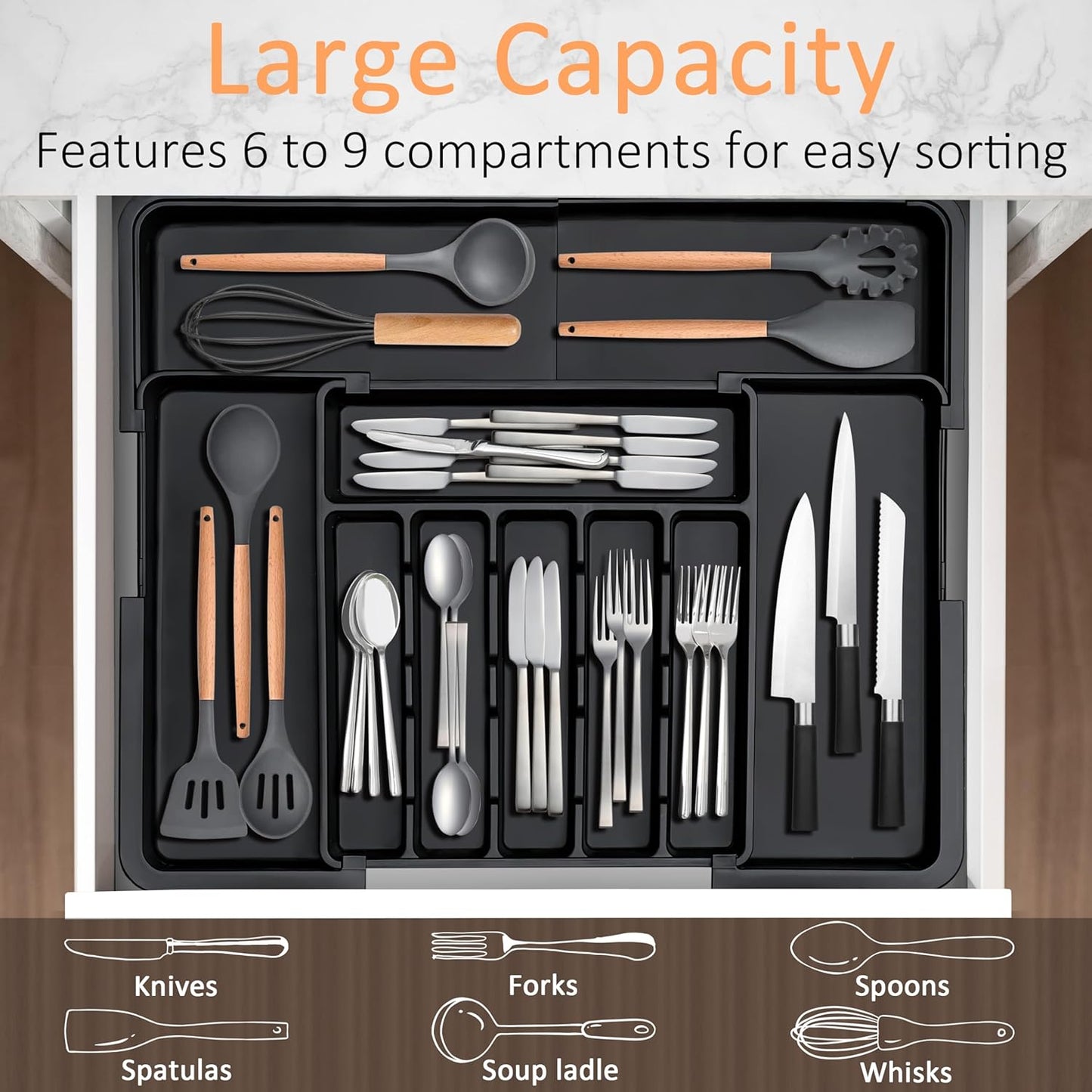 Spaclear Silverware Organizer - Expandable Kitchen Utensil Tray | Adjustable BPA-Free Cutlery Storage, Black