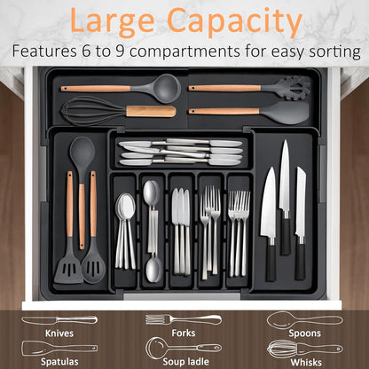Spaclear Silverware Organizer - Expandable Kitchen Utensil Tray | Adjustable BPA-Free Cutlery Storage, Black