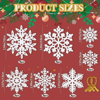 Kockuu Christmas Ornaments - 49Pcs White Glitter Snowflake Decorations for Tree & Home Decor