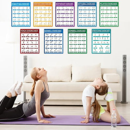 9Pcs Fitness Poster Set by [Brand Name] - Workout Charts for Dumbbells, Kettlebells & Yoga | Home Gym Decor