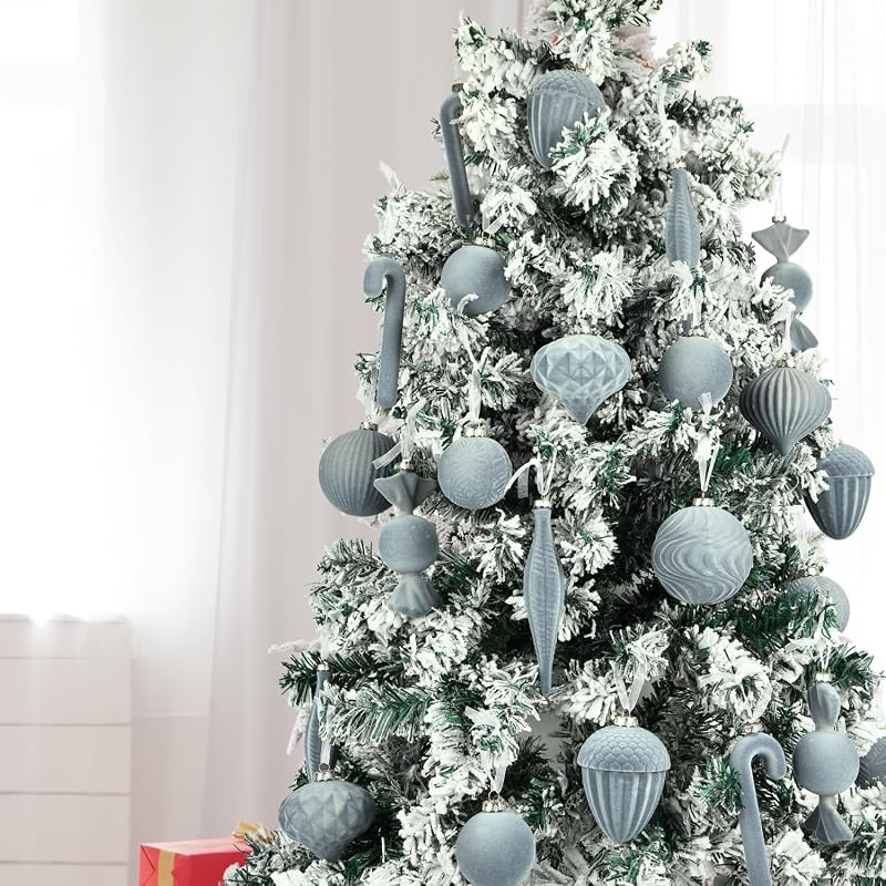 Grey Velvet Ornament Set - 24 Shatterproof Flocked Christmas Balls for Tree Décor - Dusty Blue/Gray (Variation: Grey)