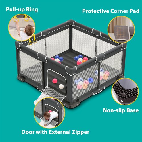 ICAREWAY Foldable Playpen - Portable 50x50 Inch Indoor & Outdoor Baby Fence with Visible Mesh - Dark Gray