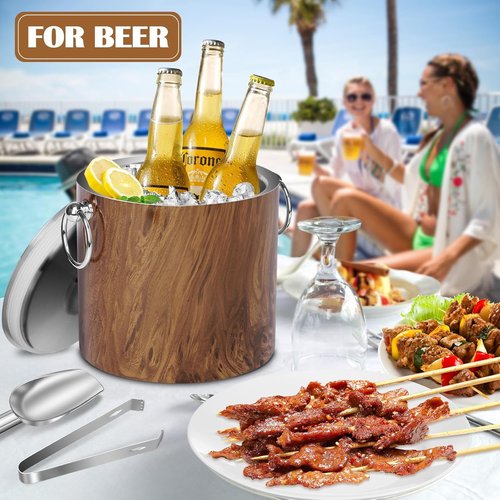 Ice Bucket with Lid & Tong- Well Made Insulated Stainless Steel Keep Ice Frozen Longer - Ideal for Cocktail Bar, Parties, Chilling Wine, Champagne - 3 Liter (Teakwood)