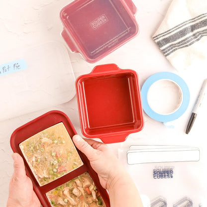 Souper Cubes Stoneware Baking Dishes - Premium 5" x 5" Mini Ceramic Set with Silicone Covers - Cranberry
