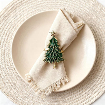 Christmas Tree Napkin Rings Set of 4 - Gold Alloy with Green Enamel & Star Topper (Variation: Christmas Tree + Christmas Tree)