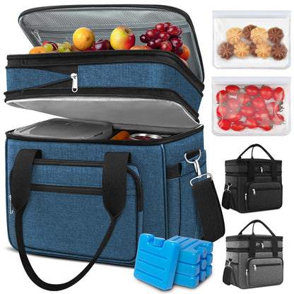 Lunch Box for Men,23L Expandable Insulated Large Cooler Lunch Box, Double Deck Leakproof Lunch Tote Bag with 4 Ice packs,2 Snack Bags, Shoulder Strap for Adult/Women,Work,Picnic,Camping-Blue