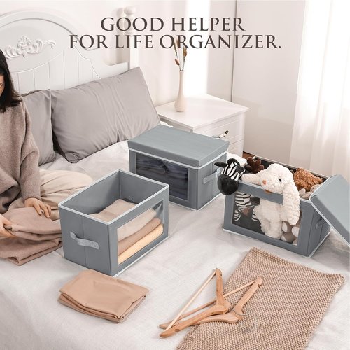 Homsorout Large Storage Box Set - 6 Pack Foldable Closet Organizers with Lids | Decorative Grey Bins
