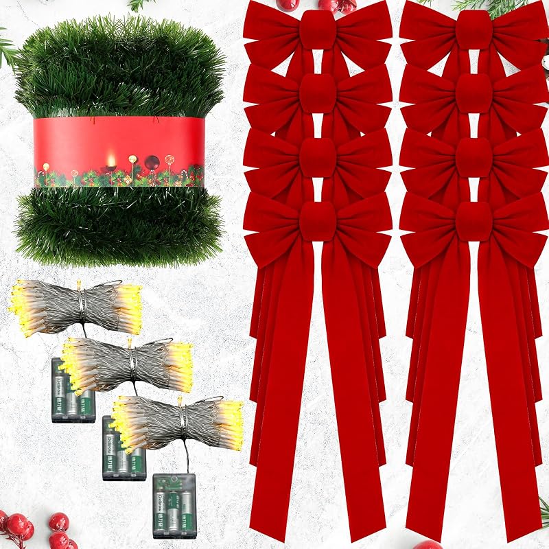 This listing: 50 ft Christmas Garland with Lights, 8 Red Velvet Bows - Classic Variation