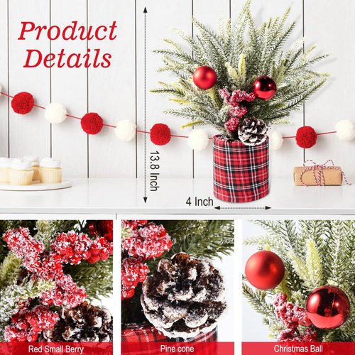Buffalo Check Plaid Christmas Tree | 2 Pack Small Centerpiece Decor with Pine Cones & Berries