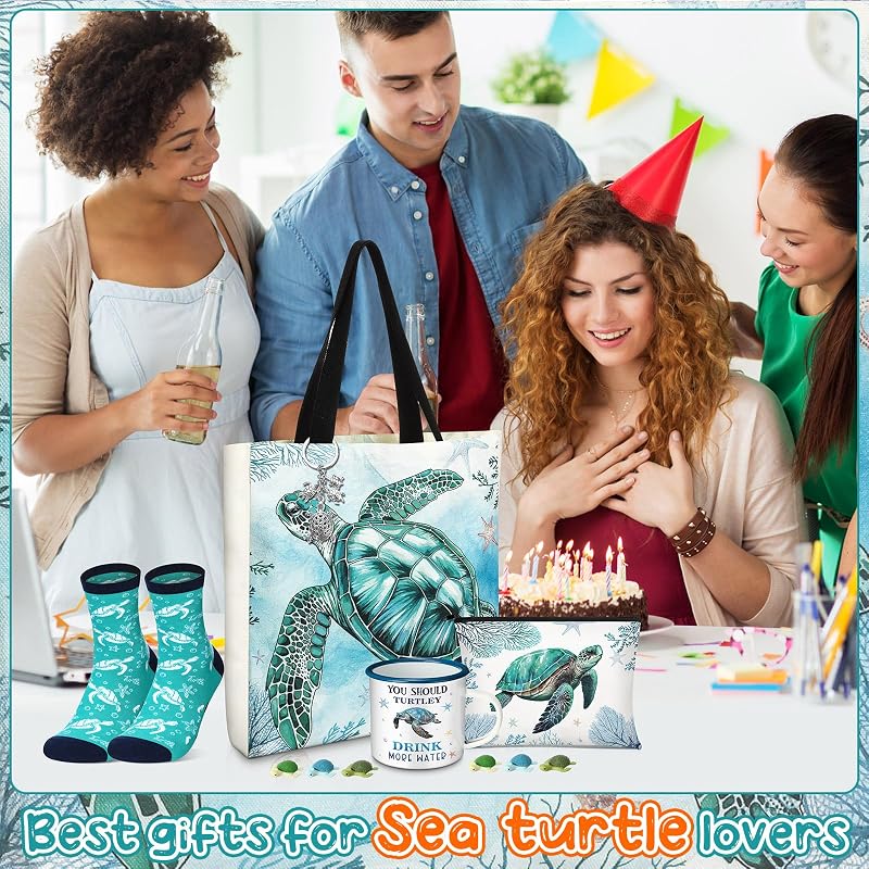 Sea Turtle Gift Set: Tote Bag, Makeup Bag, 14 oz Enamel Mug, Socks, Keychain — Sea Turtle Variation