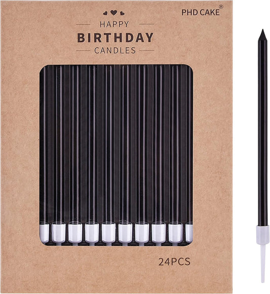 PHD CAKE Black Long Thin Birthday Candles - Perfect for Parties, Weddings & Celebrations | 12 Pack