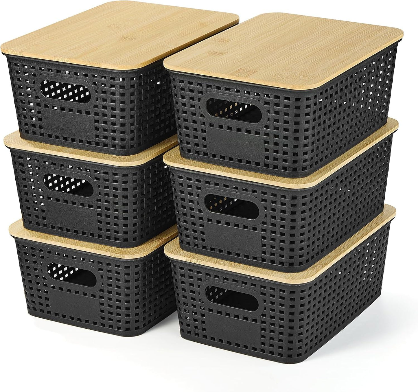Ohmlove Plastic Storage Baskets - Stackable Containers with Bamboo Lid | 6-Pack for Organizing Home & Office