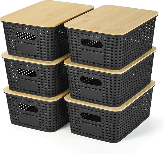 Ohmlove Plastic Storage Baskets - Stackable Containers with Bamboo Lid | 6-Pack for Organizing Home & Office