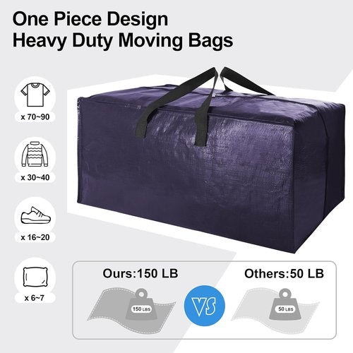 Heavy Duty Extra Large Moving Bags by [Brand Name] - 6 Pack with Backpack Straps & Strong Zippers | Space-Saving Storage Totes (40 Gal, Blue)