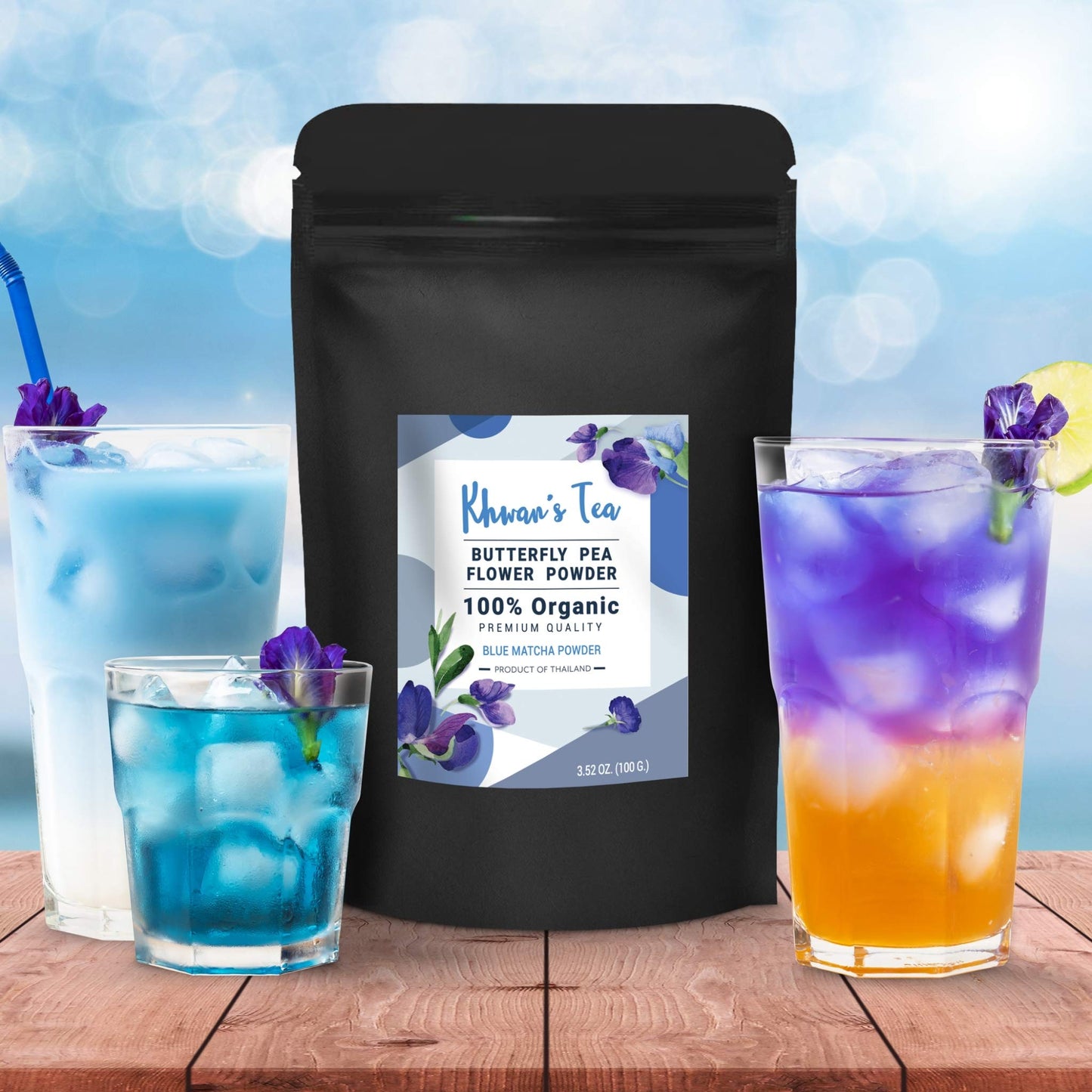 KHWAN'S TEA Butterfly Pea Flower Powder Extract, Culinary Grade Natural Food Coloring Blue Matcha Powder Tea, 3.5 Oz