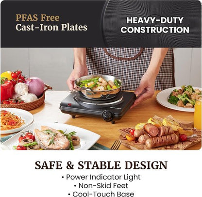 Elite Gourmet Electric Burner - 1000W Cast Iron Hot Plate with 7 Heat Settings | Portable Cooktop for RVs, Dorms & Small Kitchens