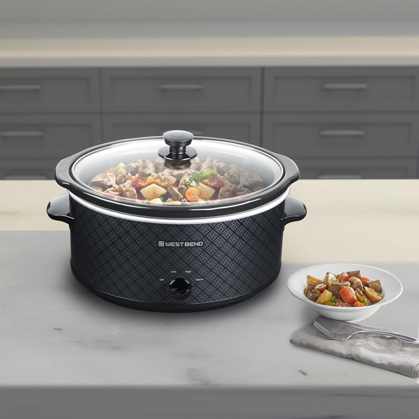 West Bend 6-Quart Slow Cooker - Manual Crockpot with Dishwasher Safe Ceramic Insert & Glass Lid | Black